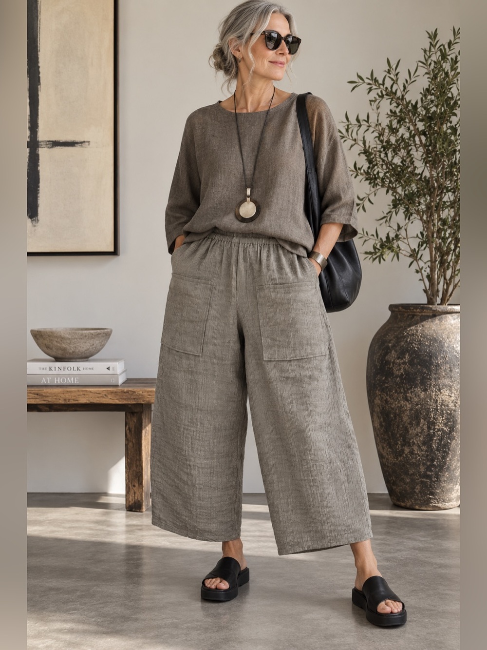 OSKA Size 1 Linen Silk Textured Wide Leg Cropped Pants